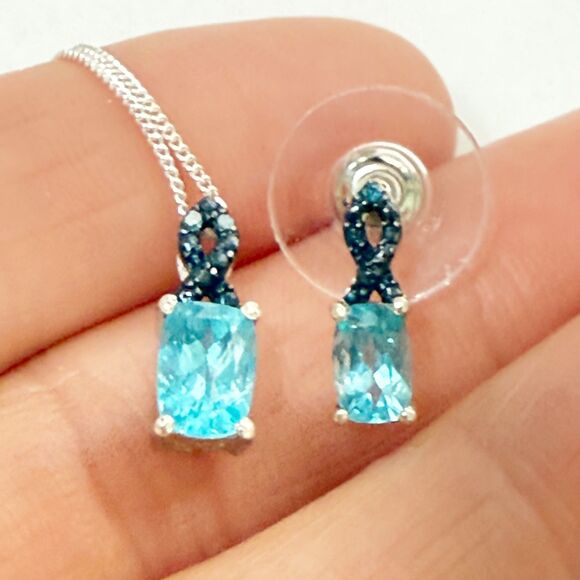 925 Sterling Silver Blue Topaz Necklace & Post Earring Set Dainty Rectangular - Picture 2 of 8